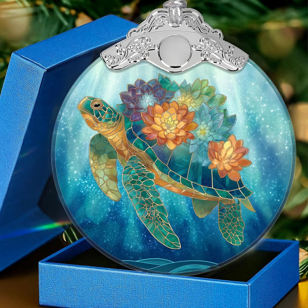 Glass Sea Turtle Ornament Hanging Decor for Christmas Tree with 3 Ribbons & Gift Box, Sea Turtle Gifts for Women, Beach Gift for Women, Beach Christmas Ornaments, White Elephant Gifts for Friendship